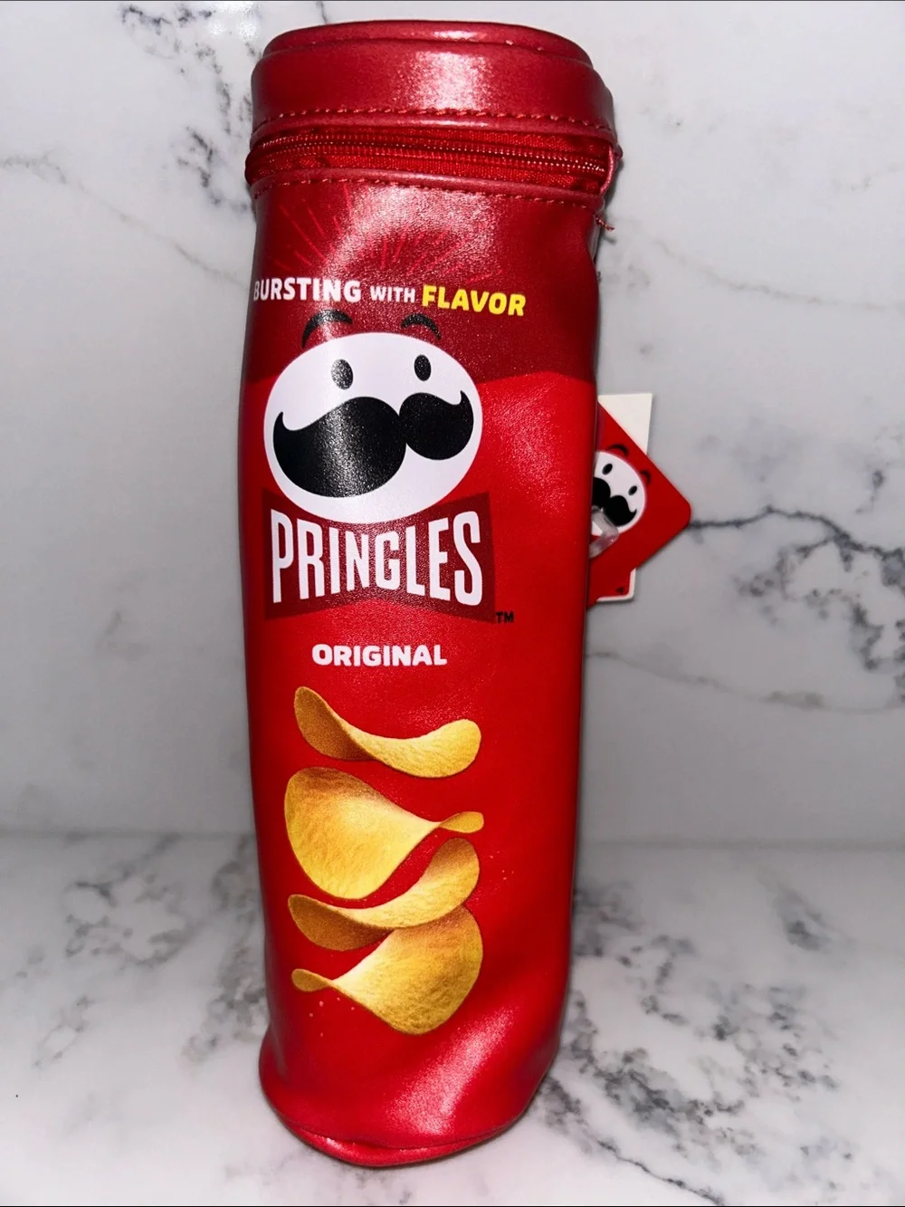 Pringle Red Cylindrical Zippered Pencil Case with Chip Graphic